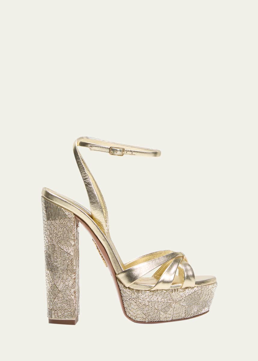 Aquazzura Beaded Metallic Leather Platform Sandals