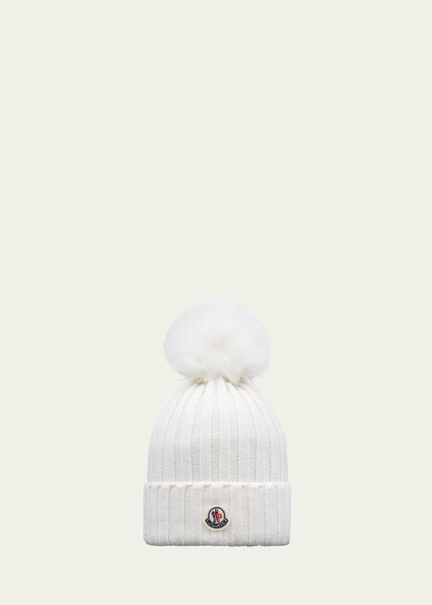 Moncler Ribbed Wool Beanie with Faux Fur Pom