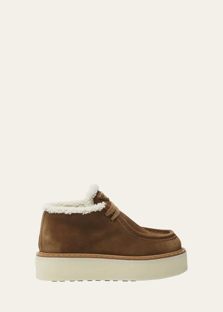 Prada Suede Shearling Lace-Up Booties