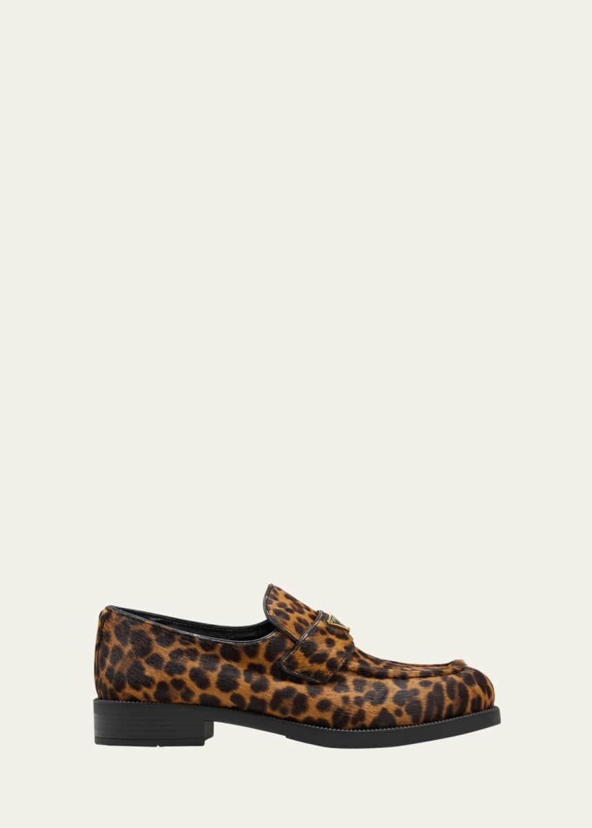 Prada Leopard Calf Hair Triangle Loafers