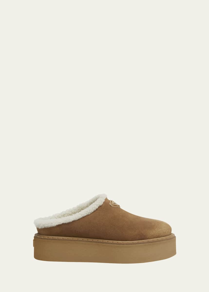 Prada Suede Shearling Cozy Platform Mules