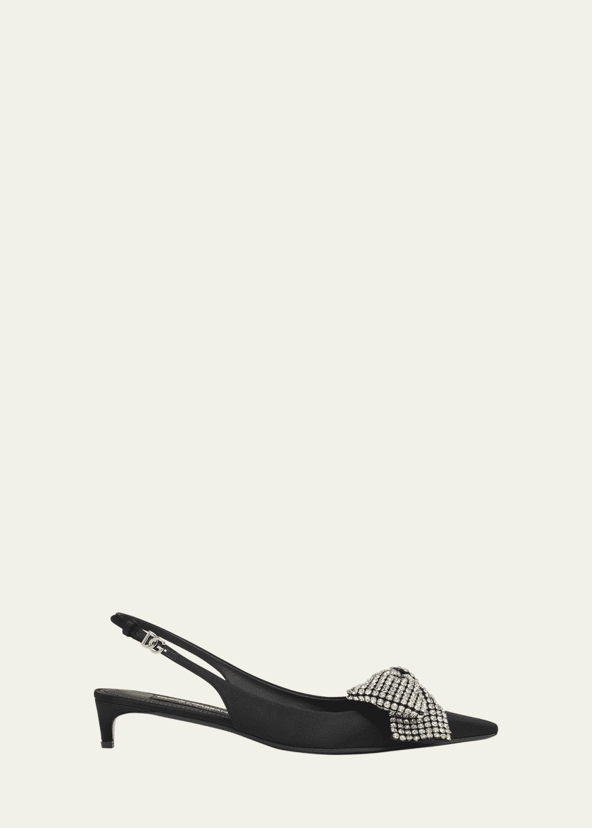 Dolce&Gabbana Satin Crystal Bow Kitten Slingback Pumps
