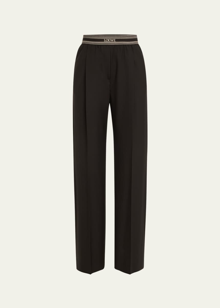 Loewe Logo Waistband Pintuck Wool Trousers