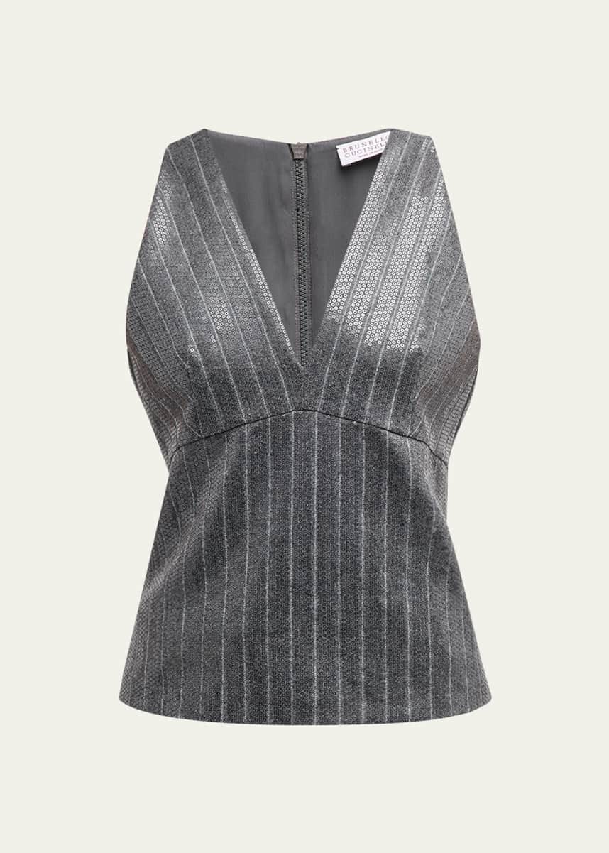 Brunello Cucinelli Pinstripe Sequin Embroidered Flannel Sleeveless Top