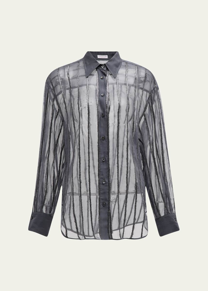Brunello Cucinelli Sequin Wool Striped Crispy Silk Boyfriend Shirt