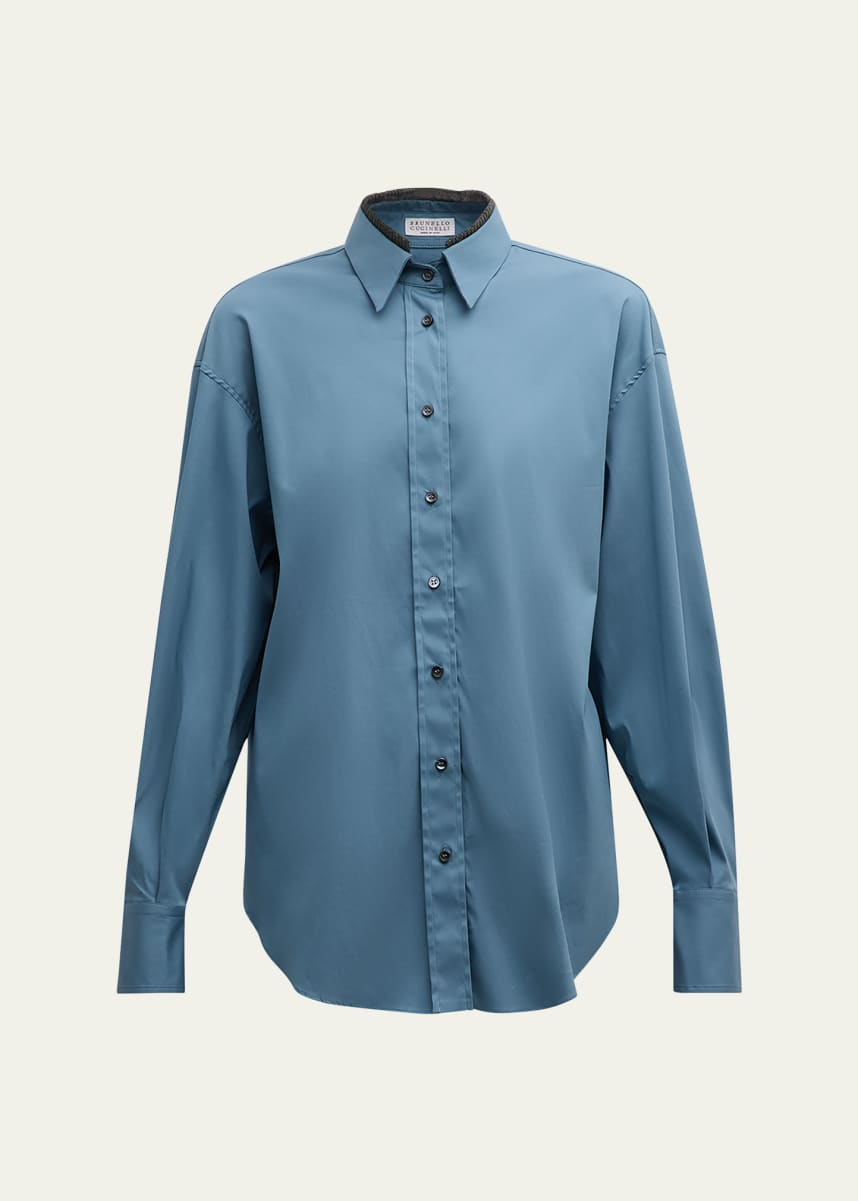 Brunello Cucinelli Poplin Stretch Button Down Monili Trim Top