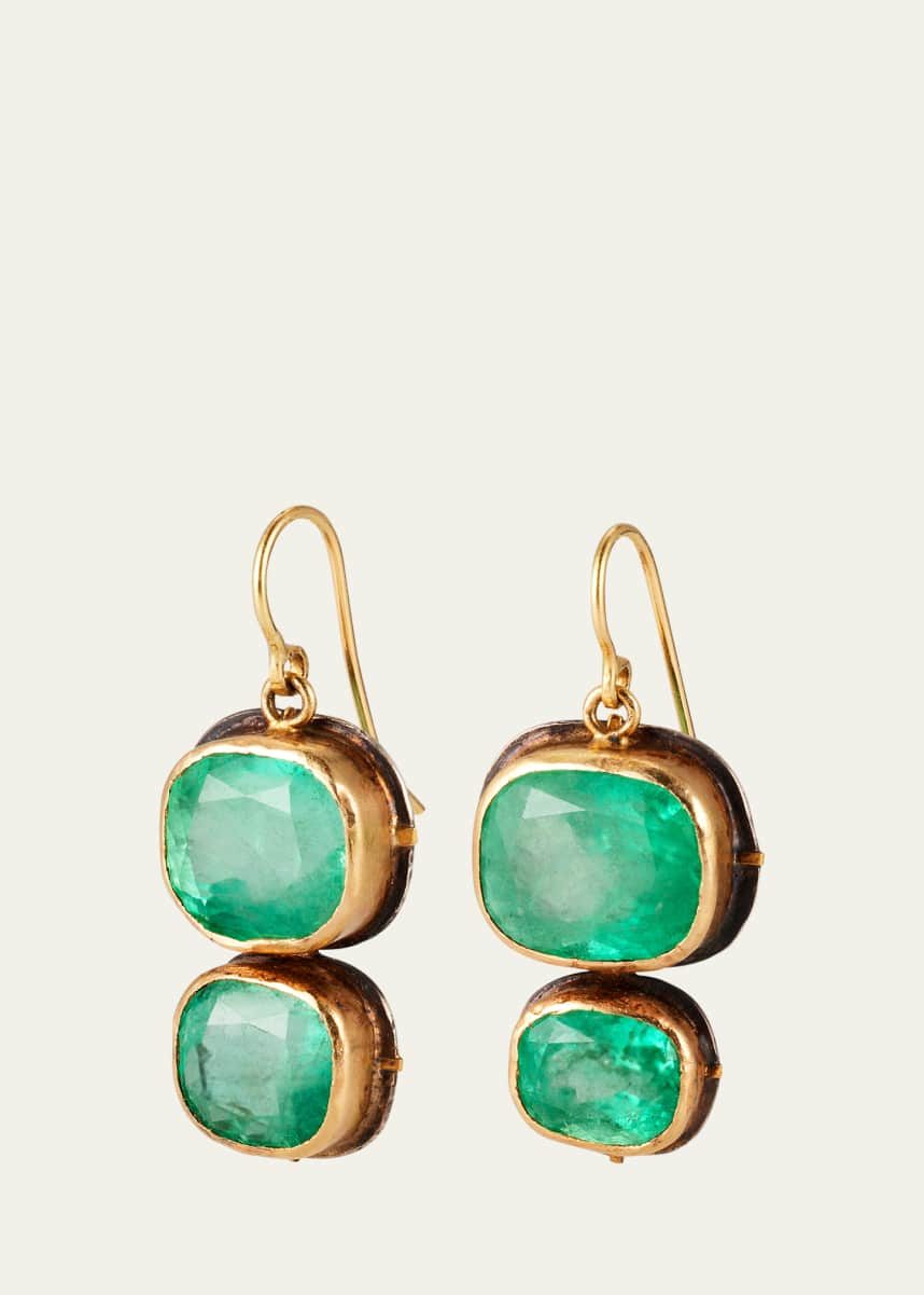 JUDY GEIB Yellow Gold Cushion Cut Colombian Emerald Double Drop Earrings