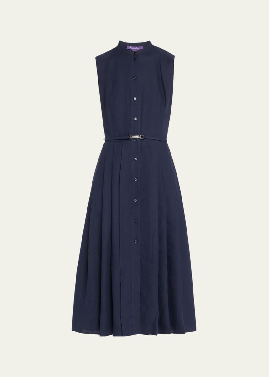 Ralph Lauren Collection Freida Pleated Leather Belt Midi Linen Dress