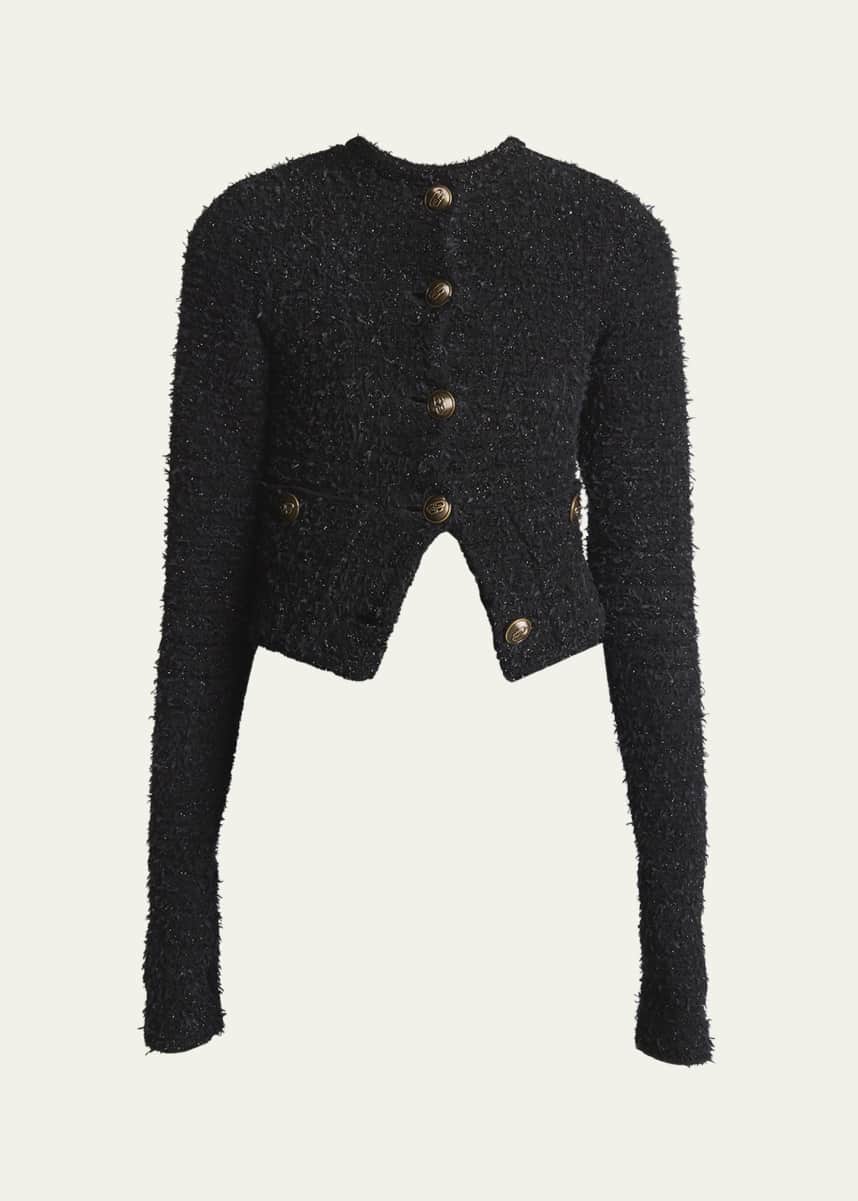 Balenciaga Cropped Tweed Knit Cardigan with Logo Buttons