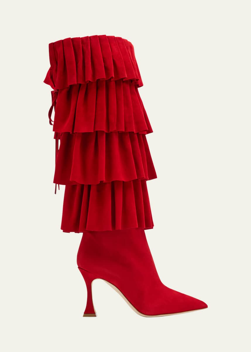 Manolo Blahnik Miralone Ruffled Suede Knee Boots