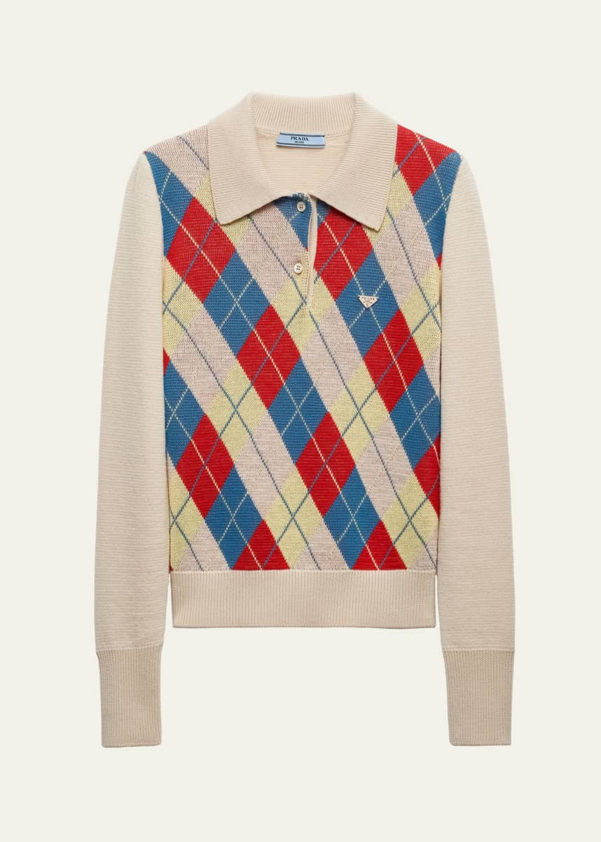 Prada Jacquard Argyle Polo Wool Sweater