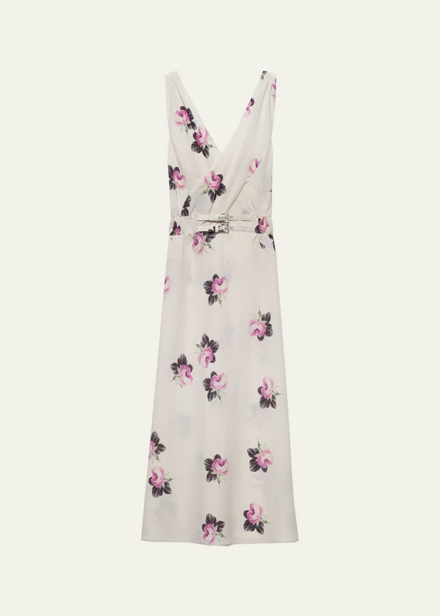 Prada Floral Smocked Sable Midi Dress