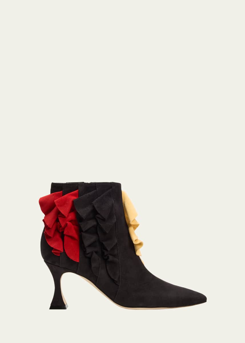 Manolo Blahnik Pompa Suede Colorblock Ruffle Booties