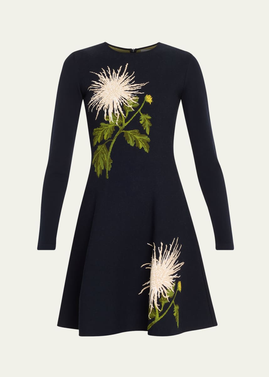 Oscar de la Renta Chrysanthemum Jacquard Fit Flare Knit Dress