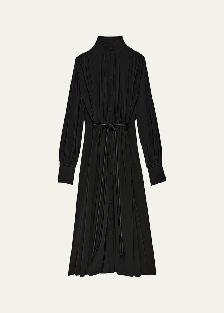Another Tomorrow Long Pleated Drawstring Shirtdress