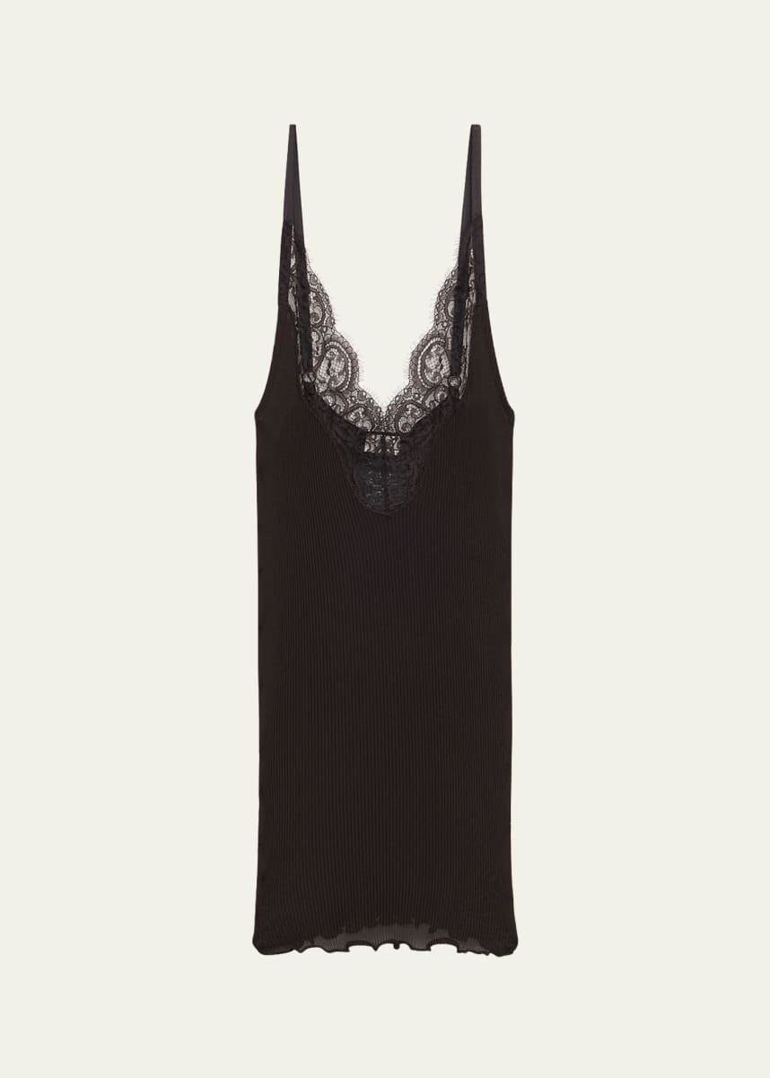 Saint Laurent Ribbed Knit Tank Top with Lace Detail