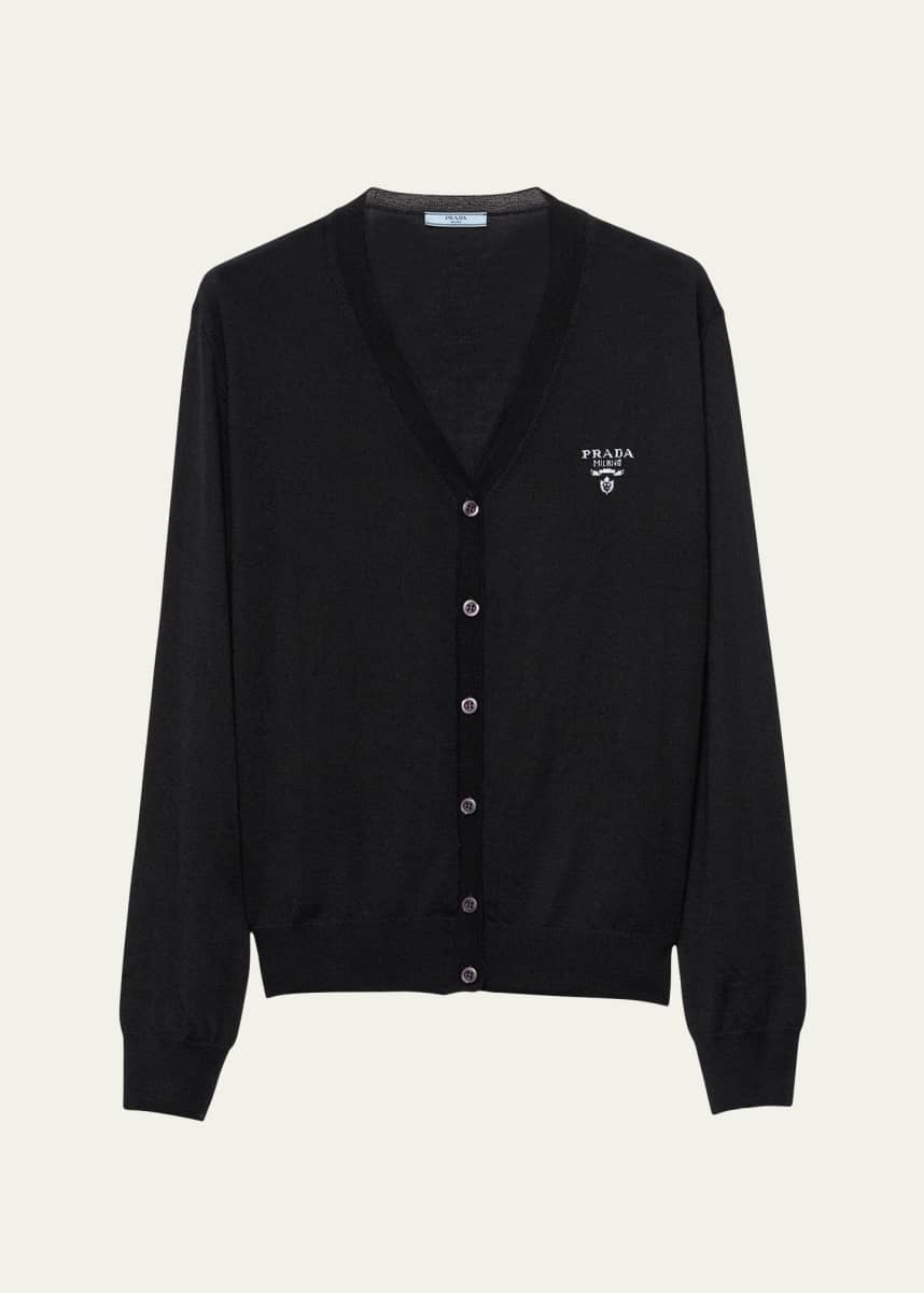 Prada Logo Intarsia V-Neck Superfine Cashmere Cardigan