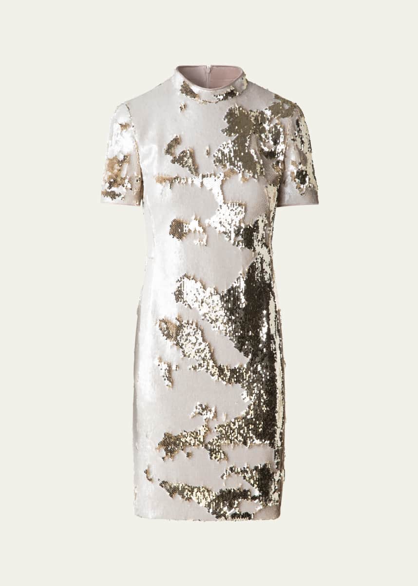 Akris Mock-Neck Short-Sleeve Sequin Mini Dress