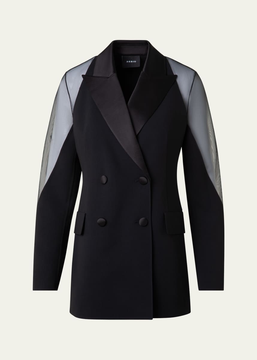 Akris Nadine Tulle-Sleeve Wool Double Breasted Blazer