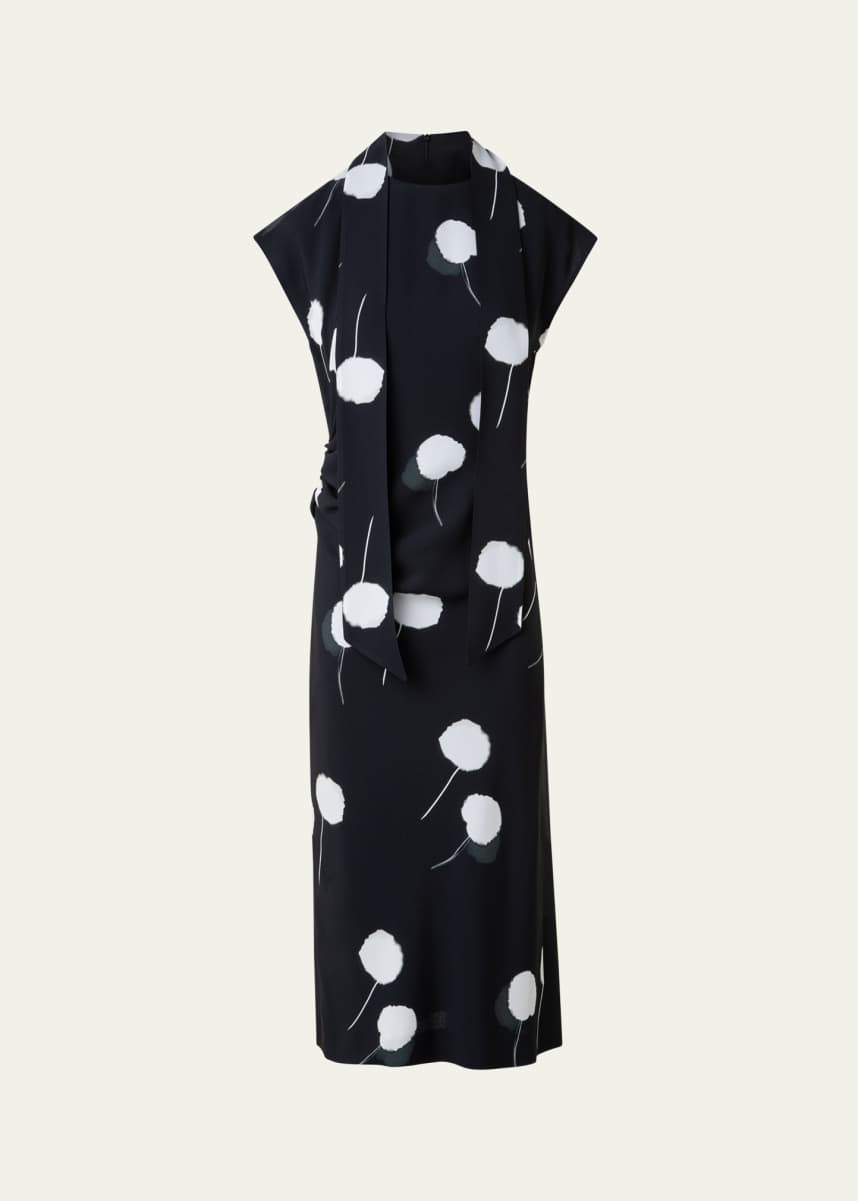 Akris Windflower-Print Cap-Sleeve Crepe Midi Dress With Detachable Bow