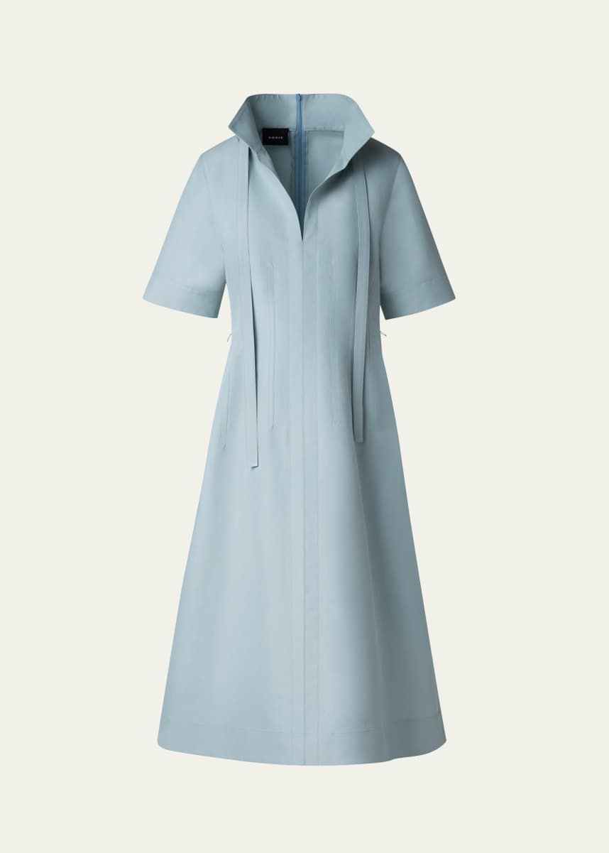 Akris Collared Short-Sleeve Cotton Poplin A-Line Midi Shirtdress