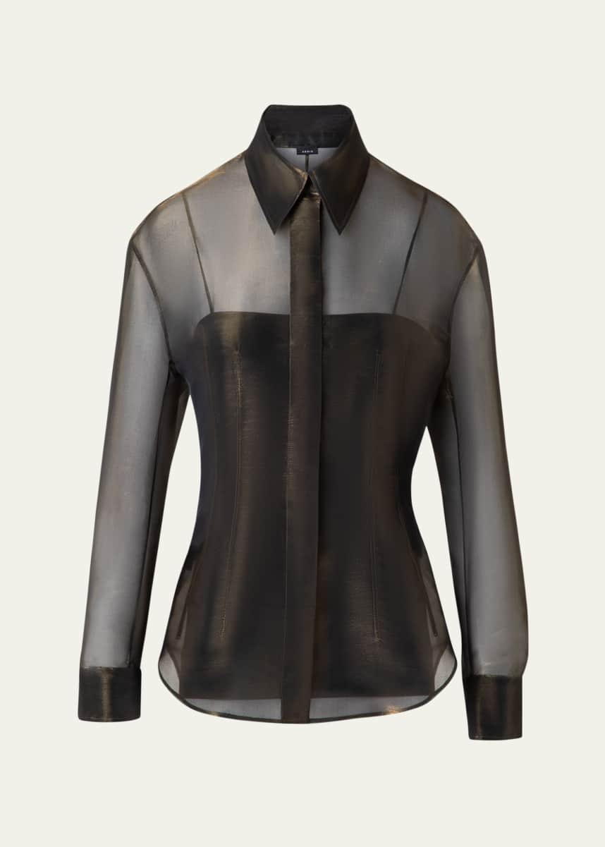 Akris Button Down Silk Organza Blouse with Tank