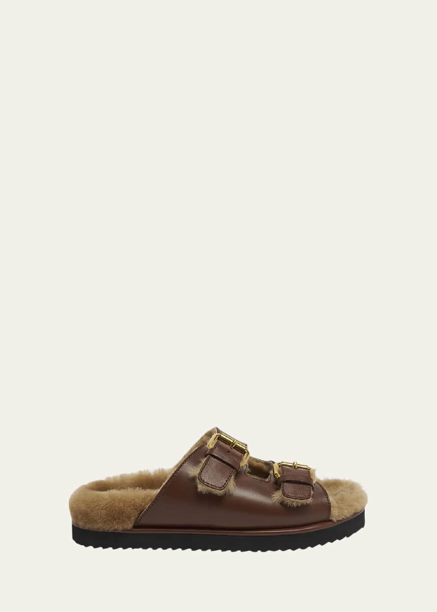 Chloe Nil Leather Shearling Dual-Buckle Sandals