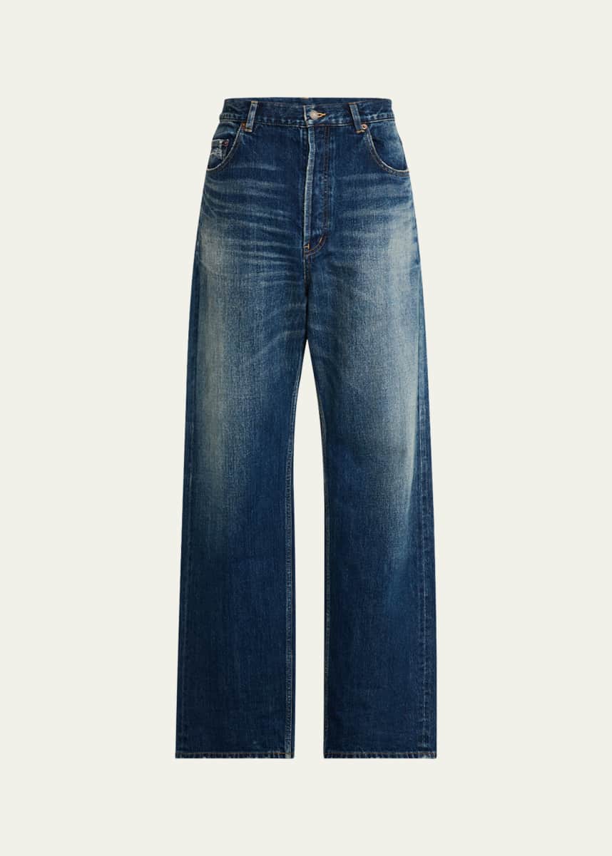 Saint Laurent Men's Wide-Leg Faded Jeans