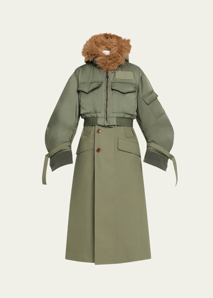 SACAI Spiewak Faux Fur Trim Nylon Trench Hybrid Coat