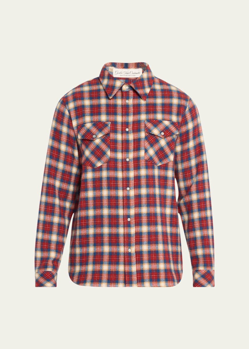 God's True Cashmere Men's Plaid Cashmere Shirt with Moonstone Snaps