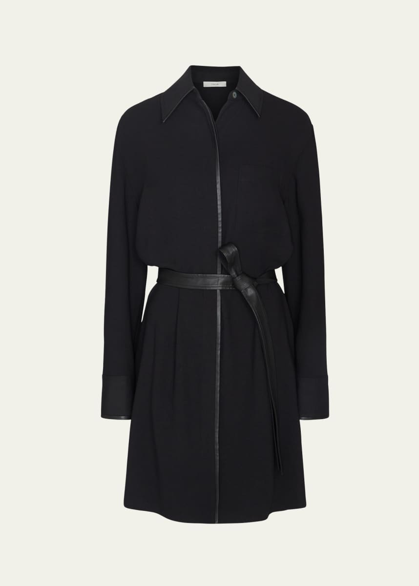 Vince Leather-Trim Belted Knee-Length Shirtdress