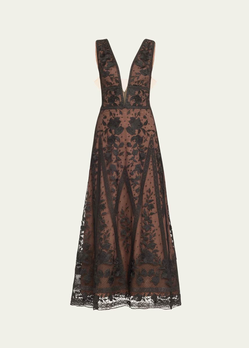 Marchesa Notte Deep V-Neck Embroidered Tulle Midi Dress