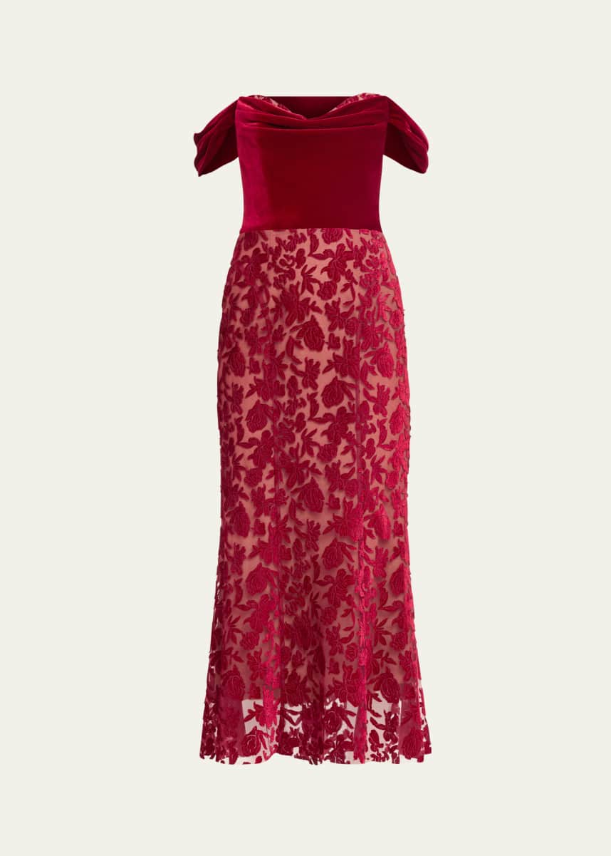 Marchesa Notte Off-Shoulder Floral Velvet Midi Dress