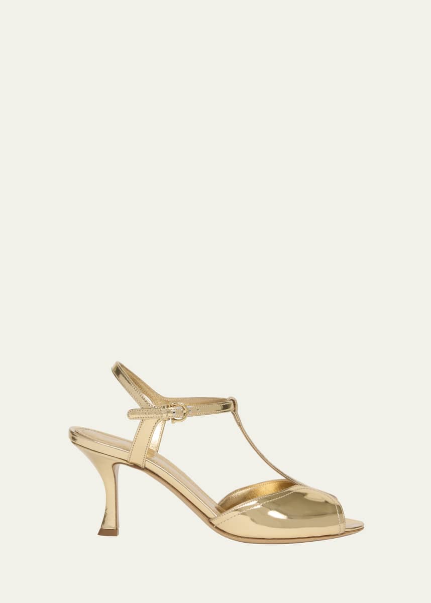 Ferragamo Ely Metallic T-Strap Sandals