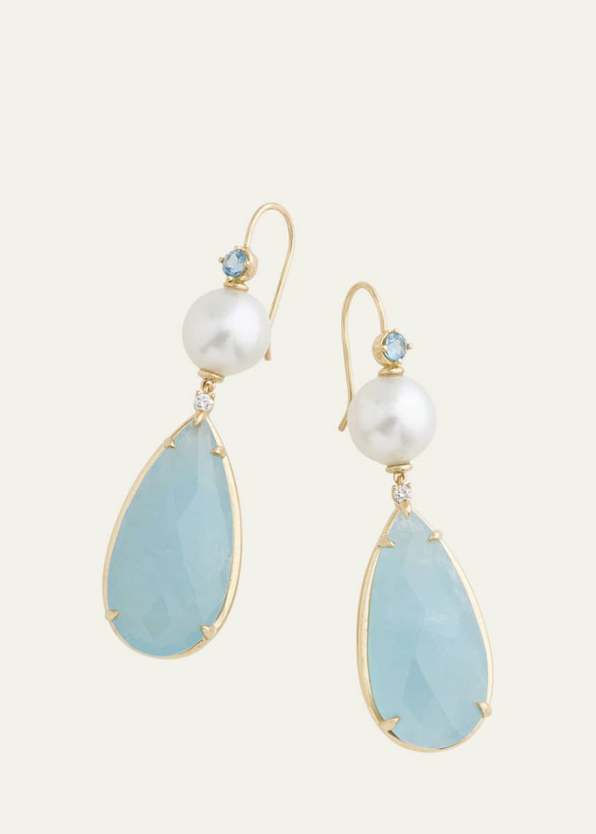 Jamie Wolf 18K Yellow Gold Pearl, Aquamarine and Diamond Drop Earrings