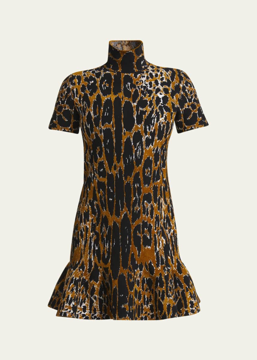 ALAIA Mock-Neck Leopard Short-Sleeve Skater Mini Dress