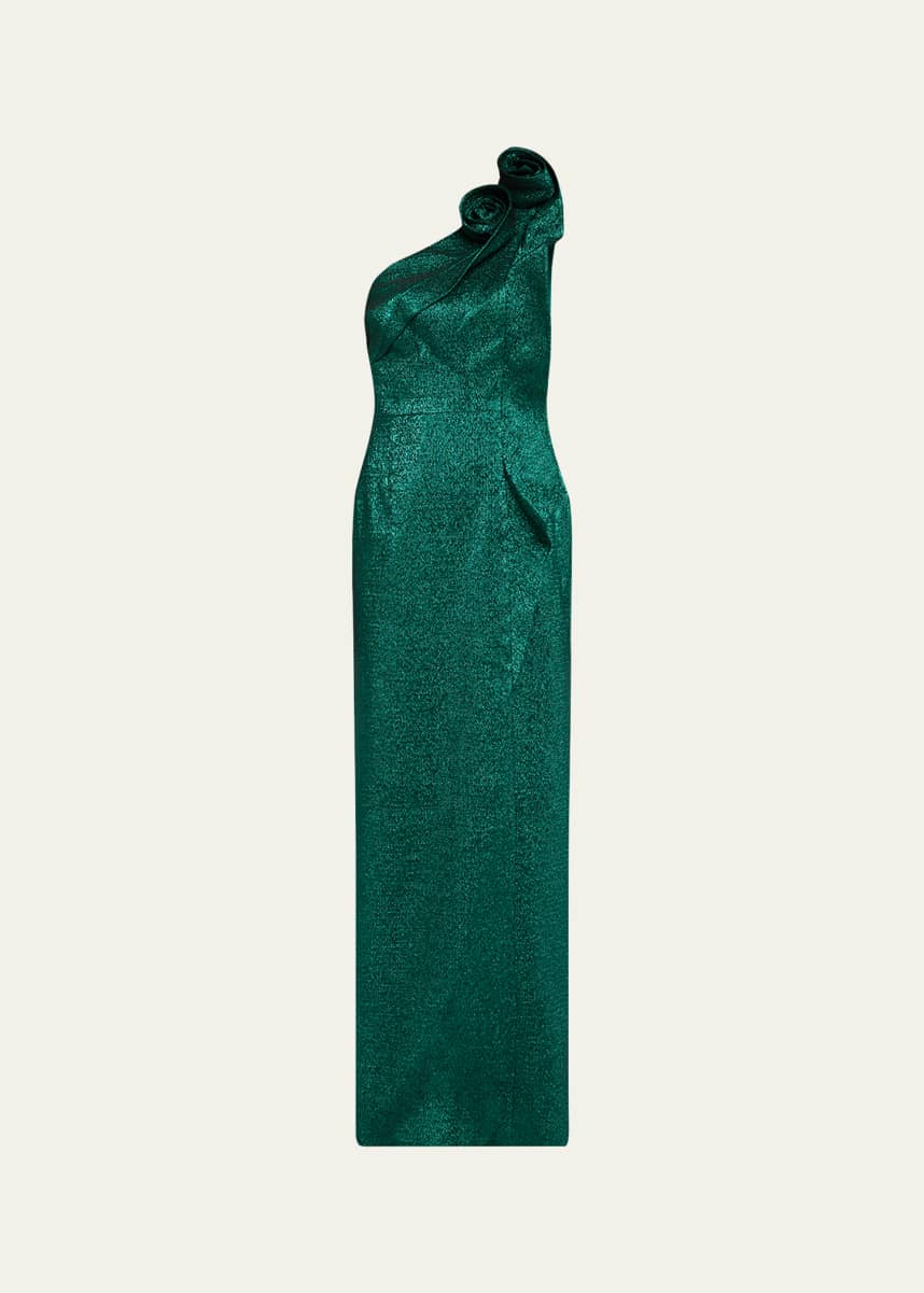 Rickie Freeman for Teri Jon One-Shoulder Sparkle Jacquard Column Gown
