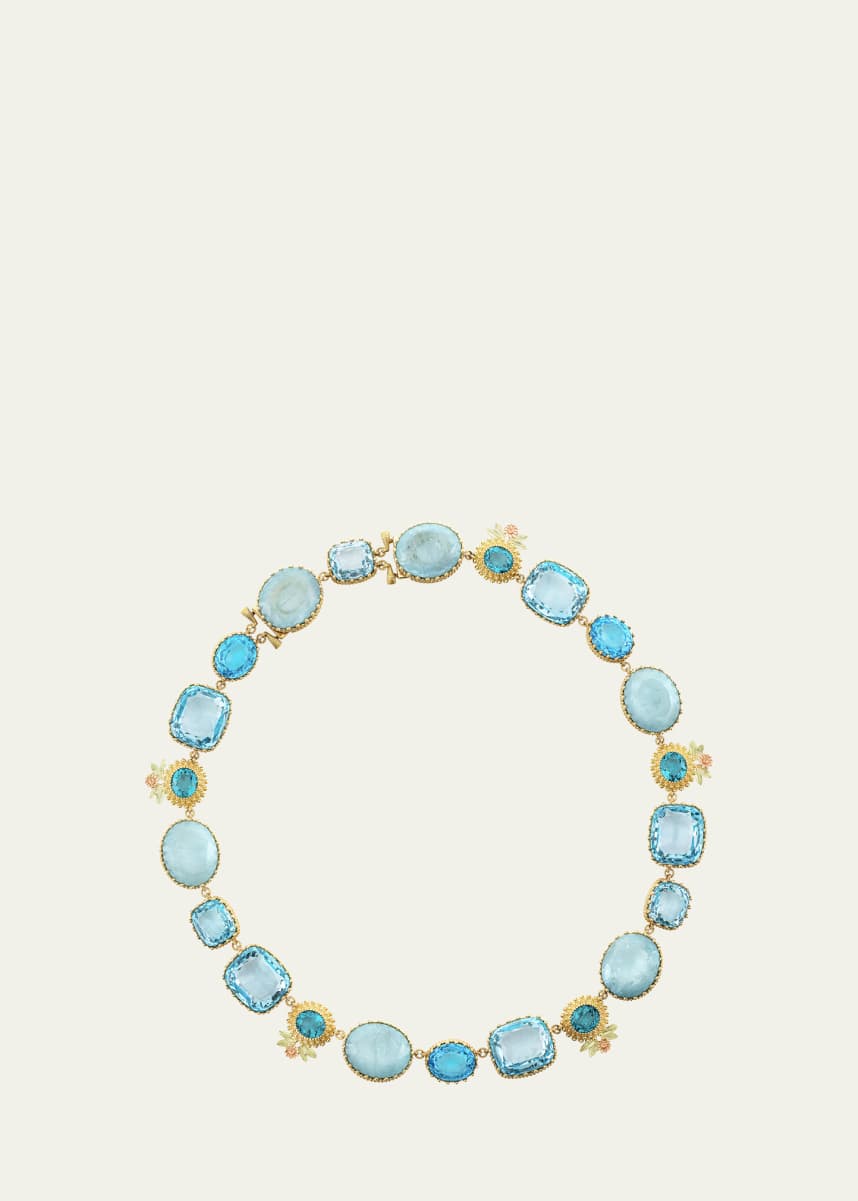 Mellerio Pierreries 18K Yellow, Green, and Rose Gold Floral Necklace with Aquamarine, Topaz, Apatite