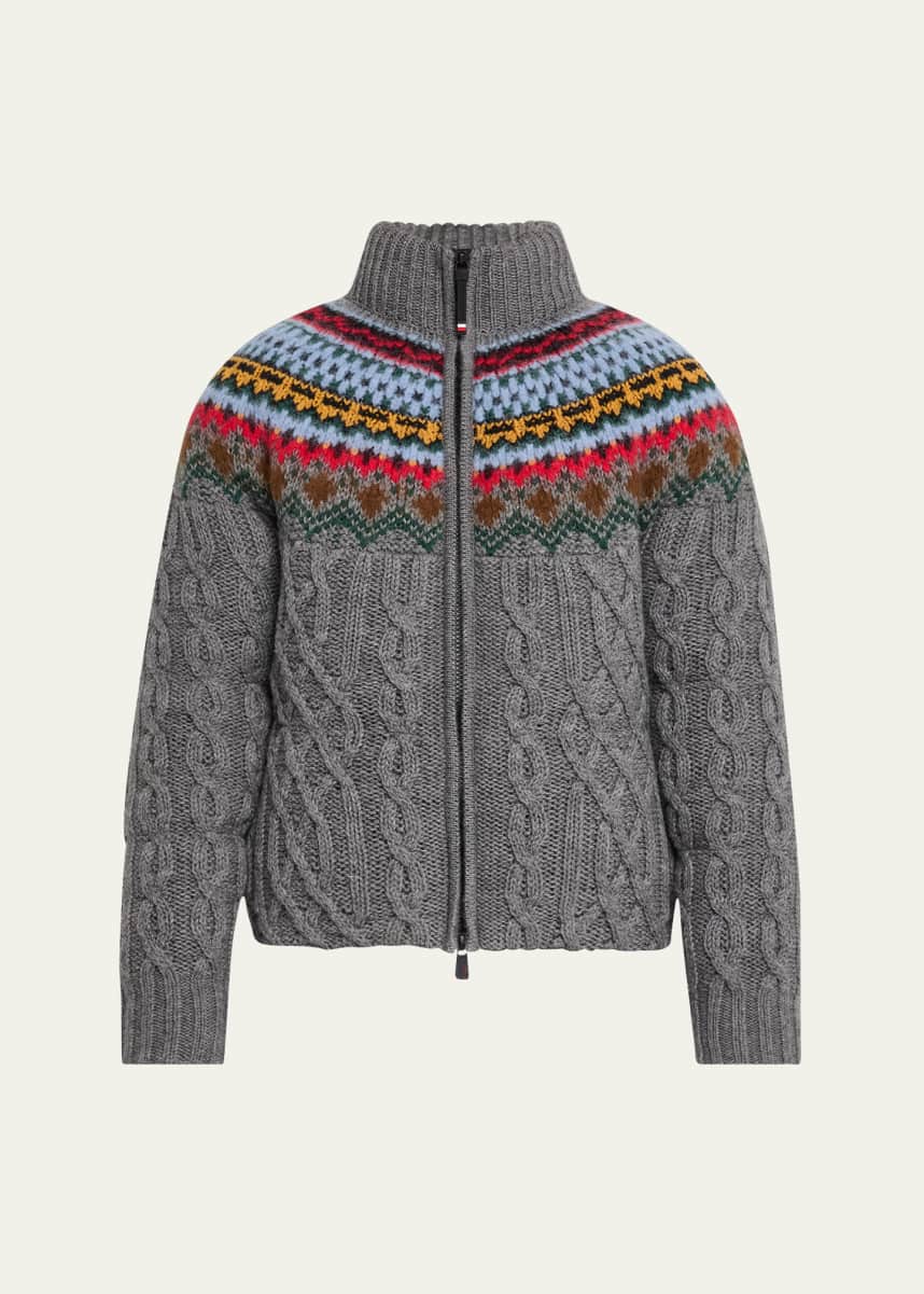 Moncler Grenoble Men's Padded Wool Cable-Knit Zip-Up Sweater