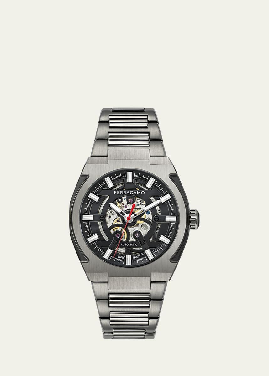 Ferragamo Supreme Skeleton IP Gunmetal Bracelet Watch, 43mm