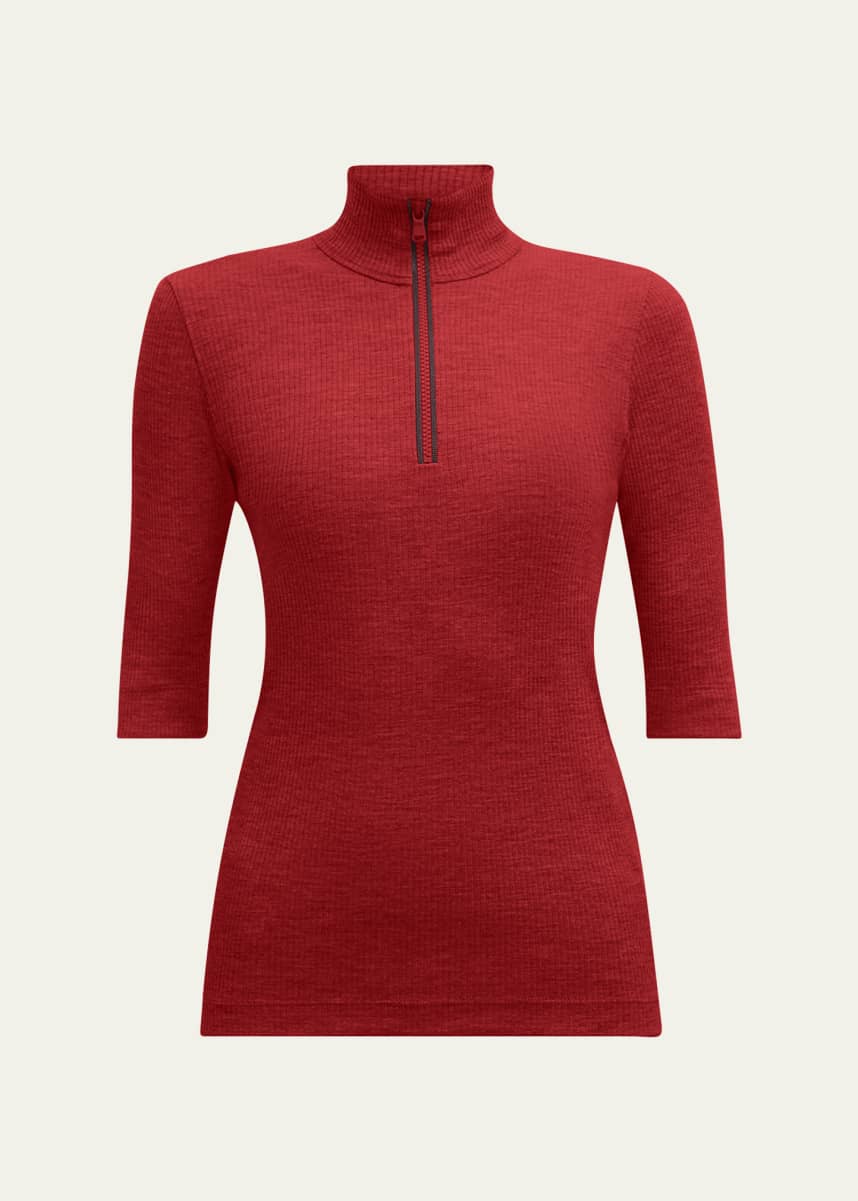 Brunello Cucinelli Ribbed Wool Jersey Monili Zip Top