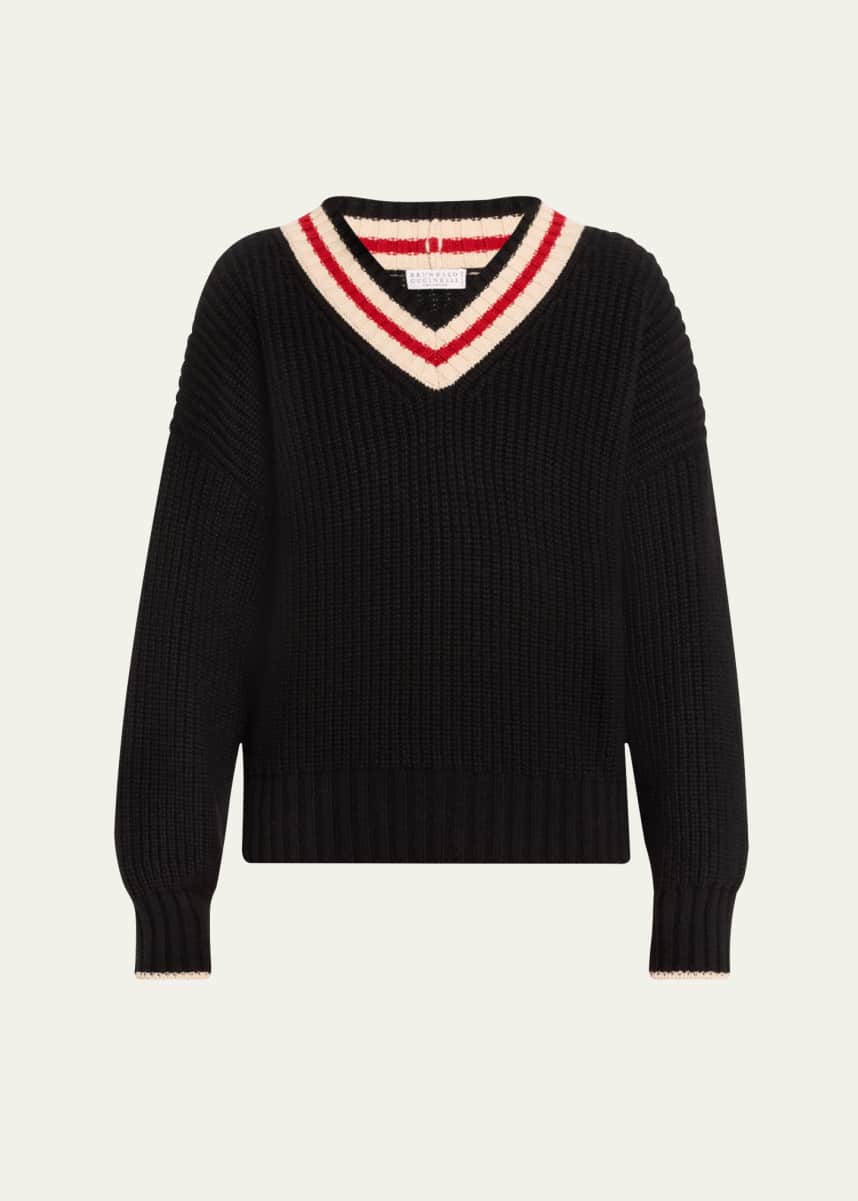 Brunello Cucinelli Cashmere English Ribbed Sweater with Varsity Stripes