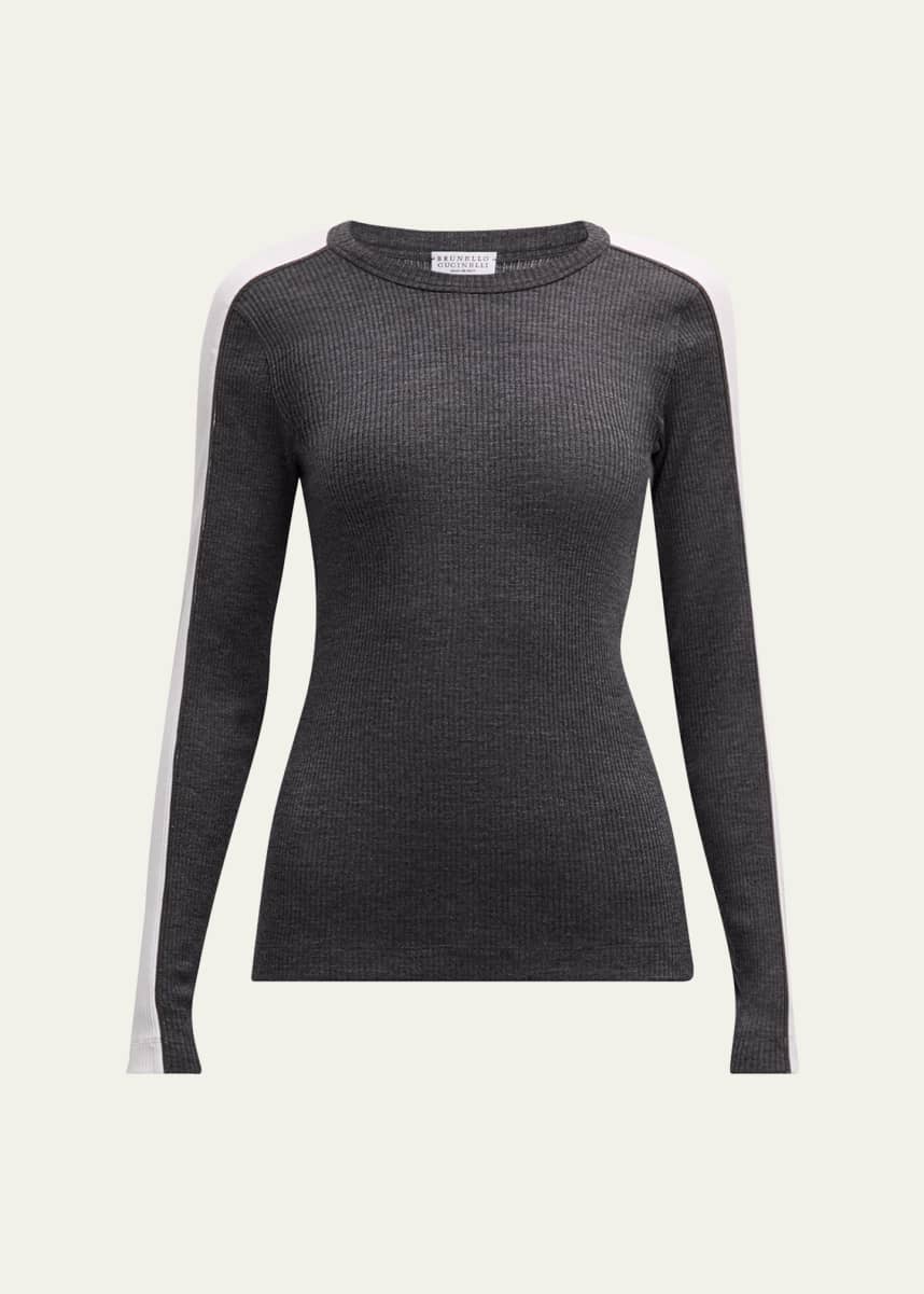 Brunello Cucinelli Contrast-Band Rib Jersey Retro Crewneck Sweater
