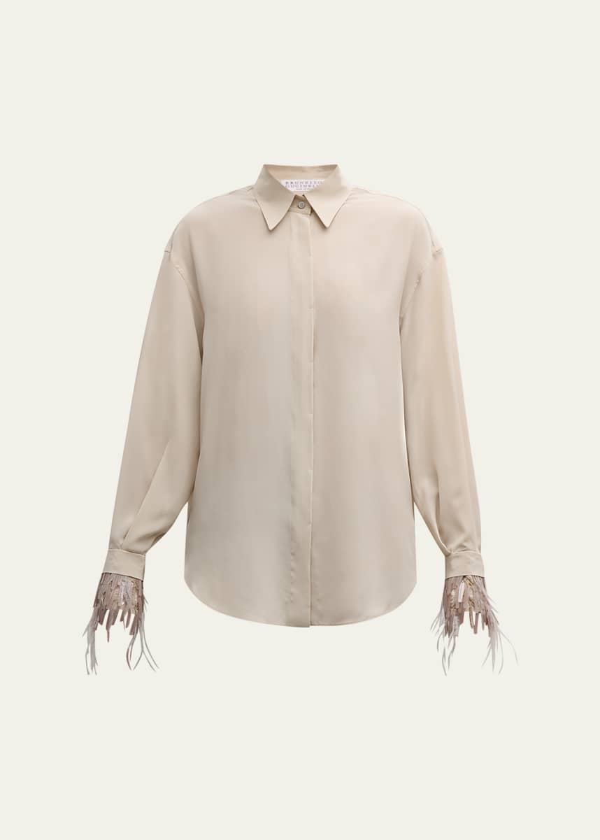 Brunello Cucinelli Chandelier Feather-Cuff Crepe De Chine Blouse