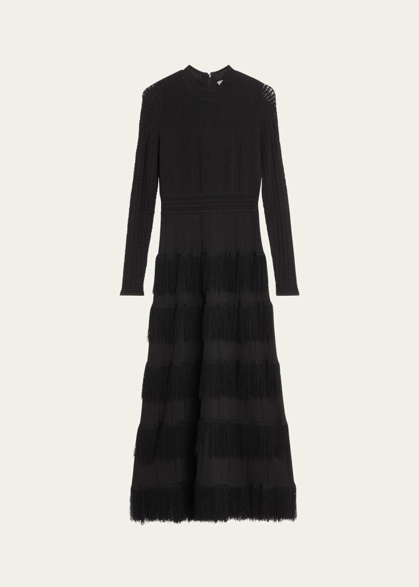 Lela Rose Piper Tiered Fringe Pointelle-Knit Maxi Dress