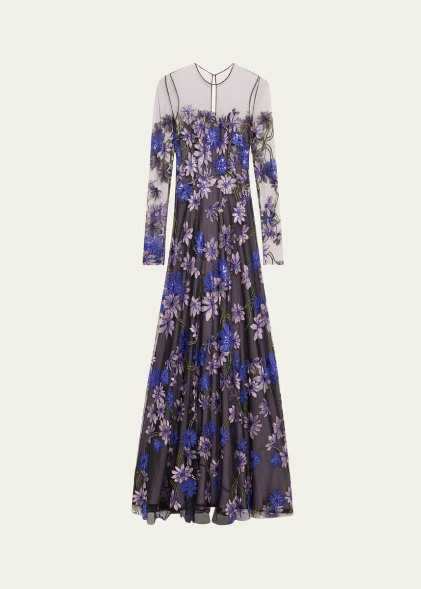 Naeem Khan Floral-Embroidered Long-Sleeve Illusion Gown