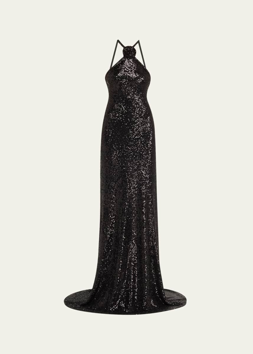 Naeem Khan Rosette Sequin Backless Halter Gown