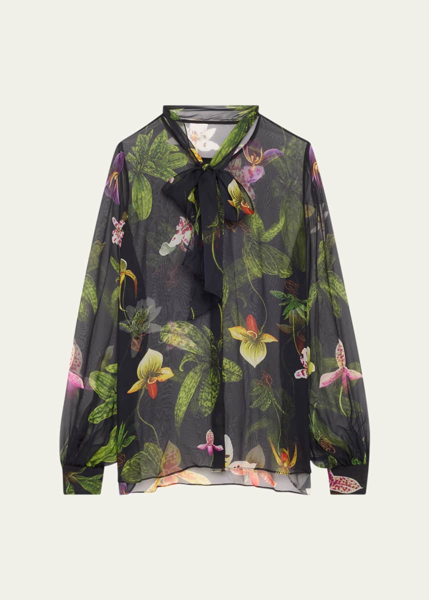 Oscar de la Renta Orchid Print Chiffon Scarf-Tie Blouse