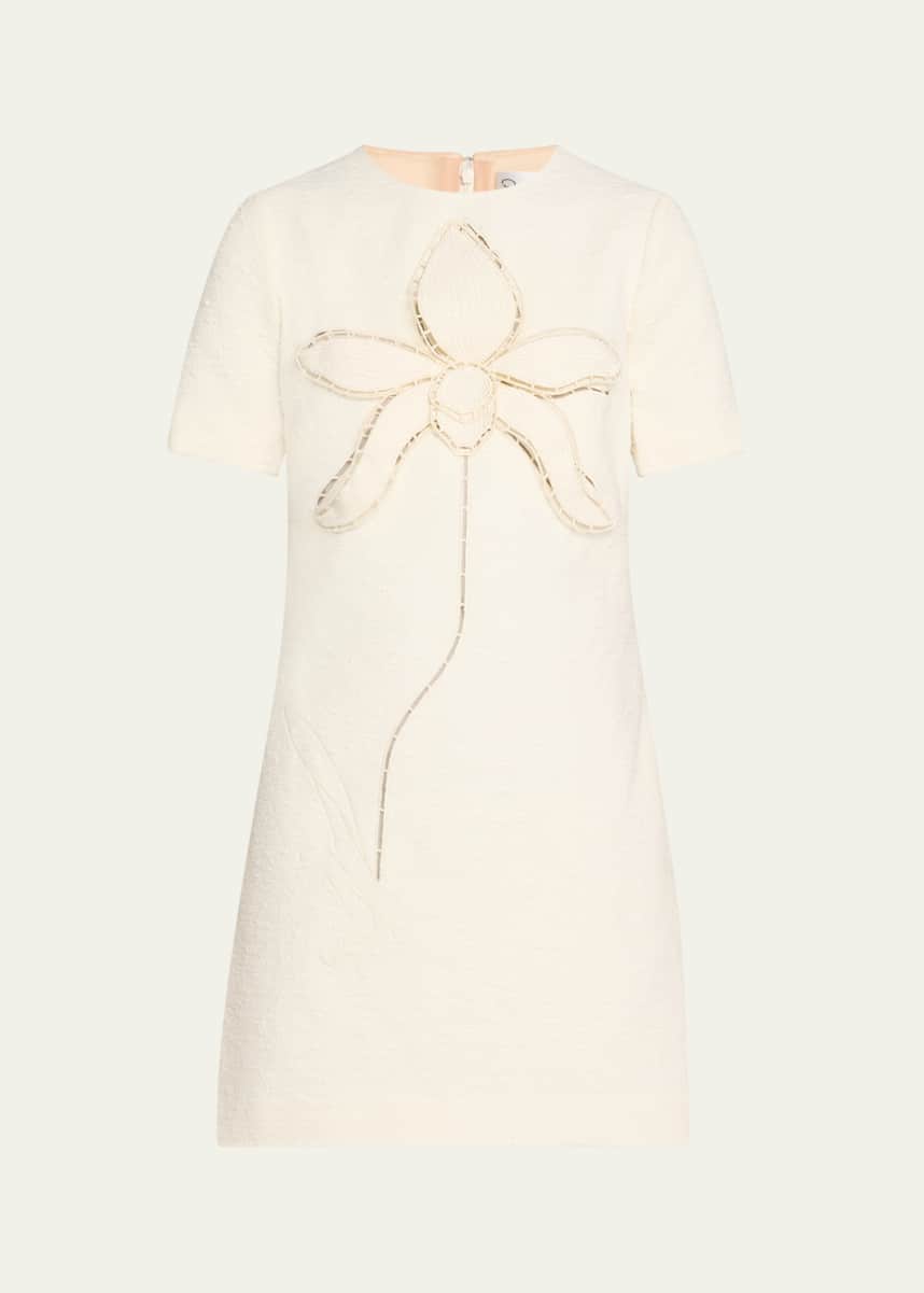 Oscar de la Renta Floral Embroidered Short Cotton Tweed Shift Dress