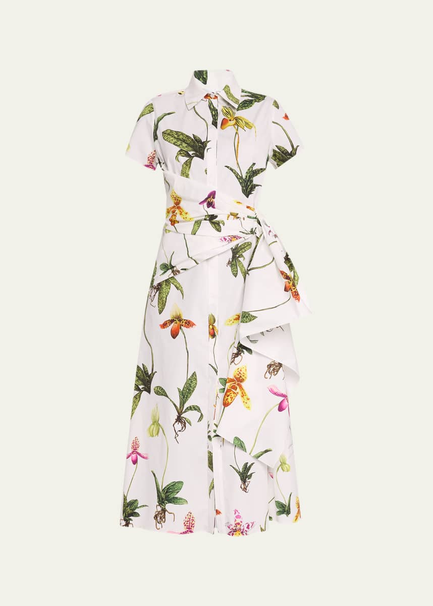 Oscar de la Renta Orchid Print Poplin Midi Dress with Sash Detail